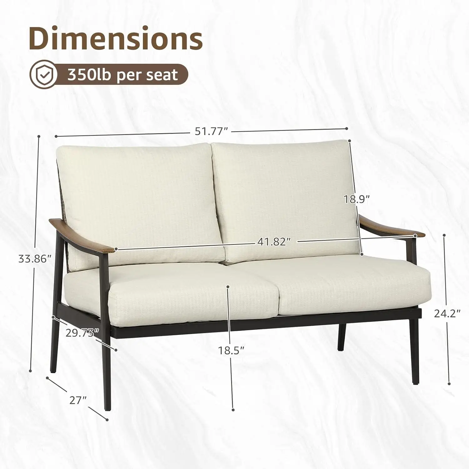Patio Wicker Loveseat Metal Frame Woodgrain Armrest Adjustable Feet 6