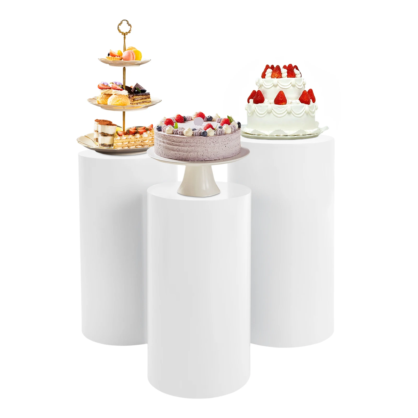 3Pcs White Iron Cylindrical Display Stands 20‑30kg Load‑Bearing for Wedding Banquet Birthday Party Candy Buffet Backdrop Decor