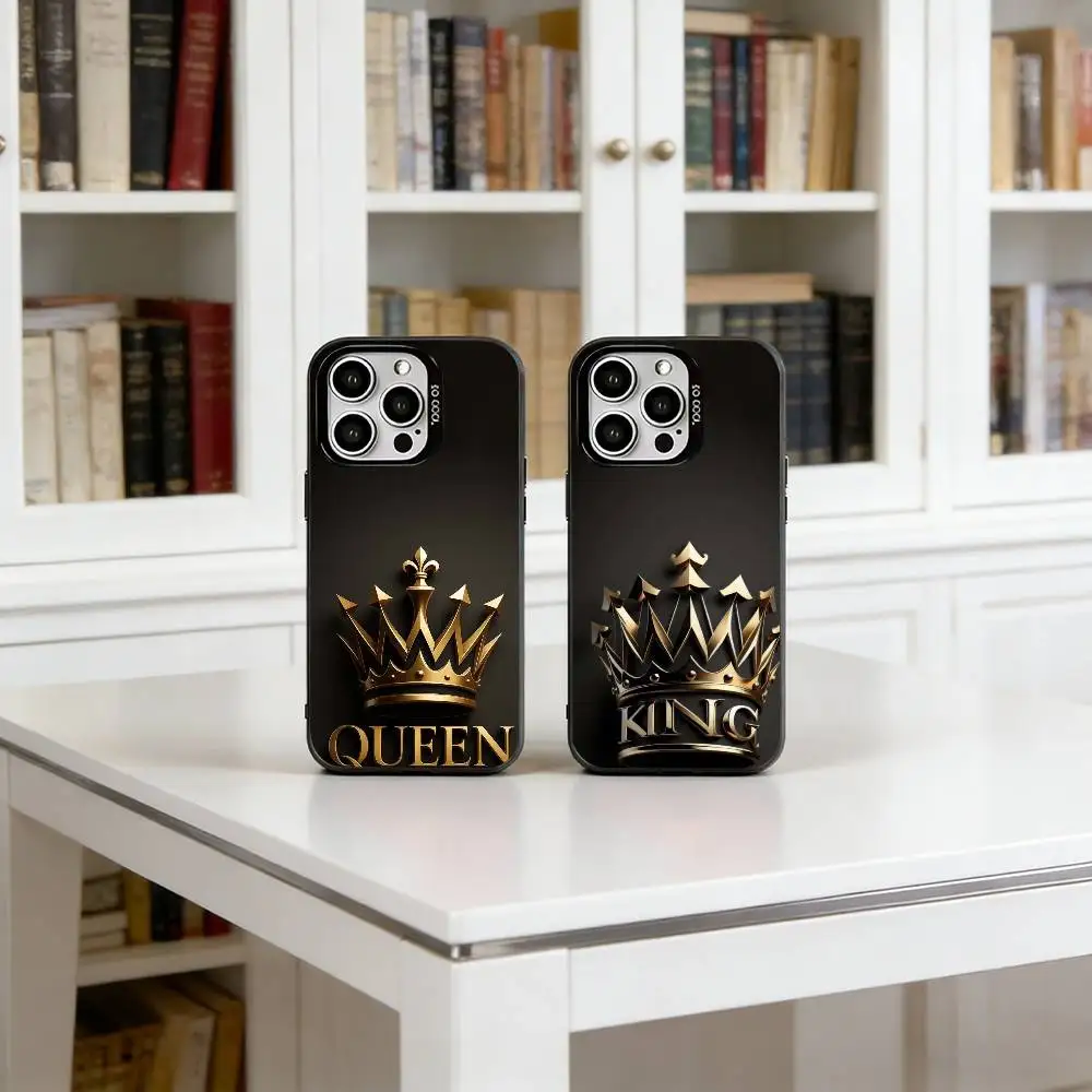 

Couples Her King His Queen Phone Case For iPhone 17,16,15,14,13,12,11 Plus,Pro Max,XS,Colorful Silver Black Cover