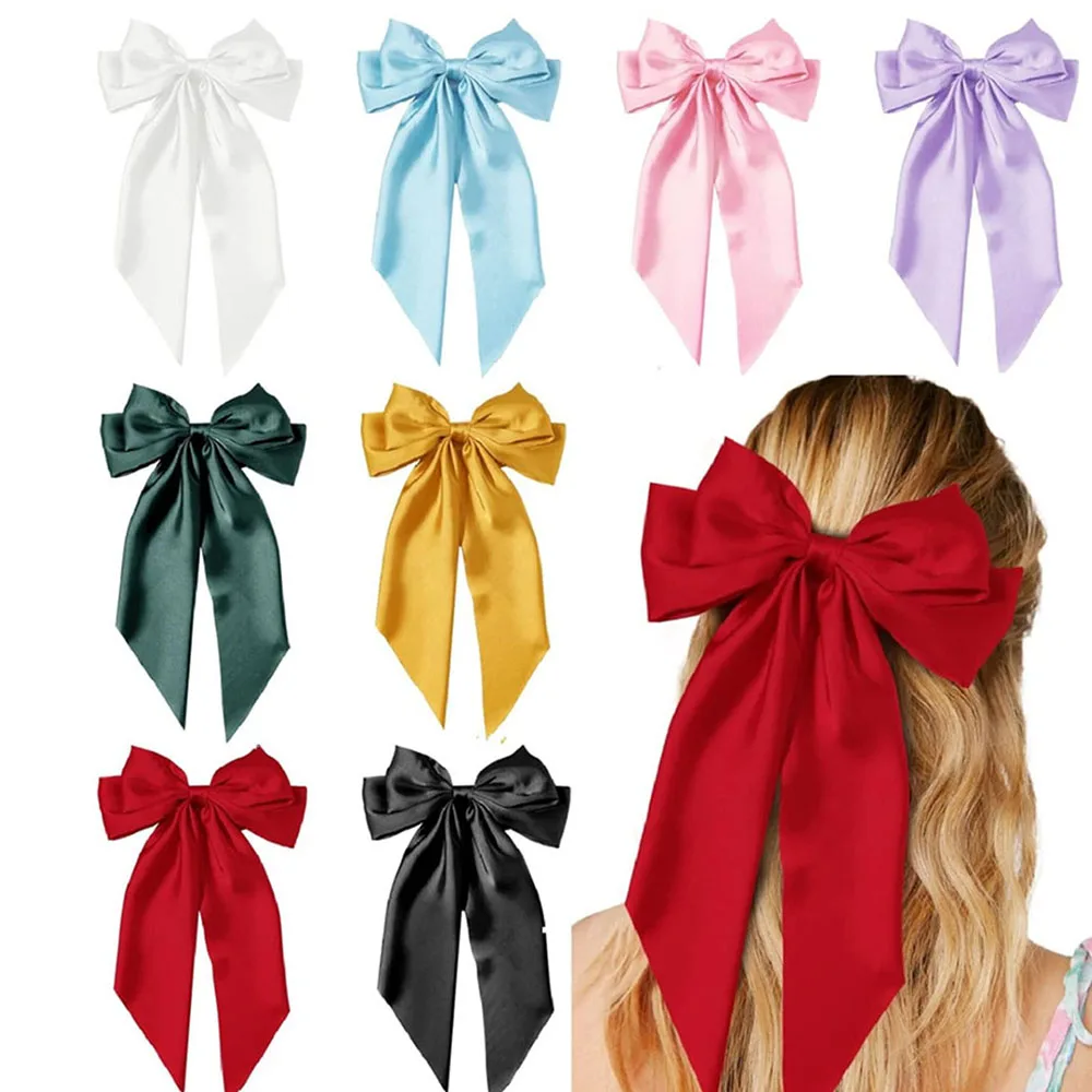 1Pcs Elegant Large Bow Long Ribbon Hair Clip Women Fashion Bowknot Satin Hairpin Barrettes Girls Ponytail Clip Hair Accessories