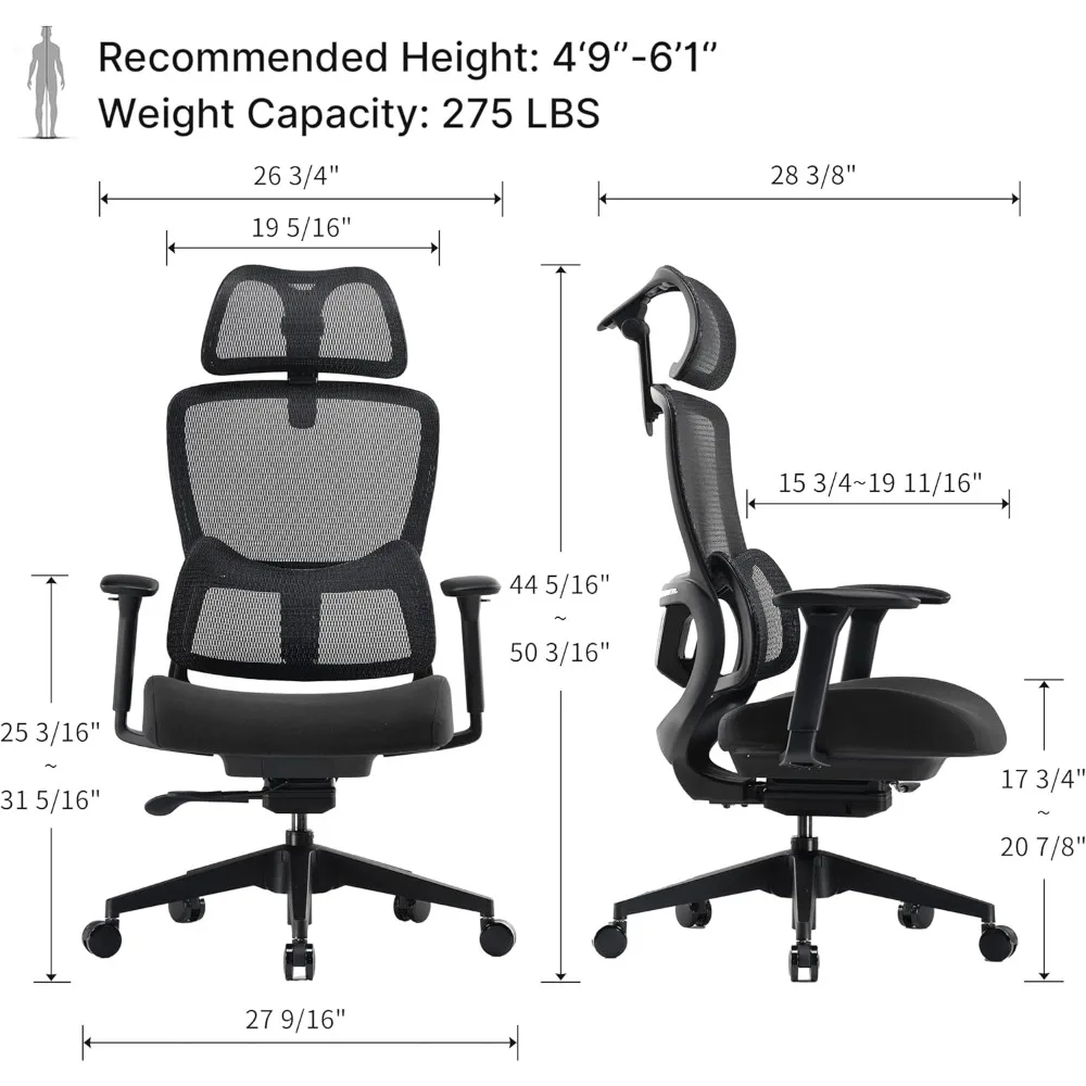 كرسي مكتب شبكي بعجلات، كرسي مريح مع دعم قطني، كرسي مكتب منزلي مع عمق مقعد قابل للتعديل