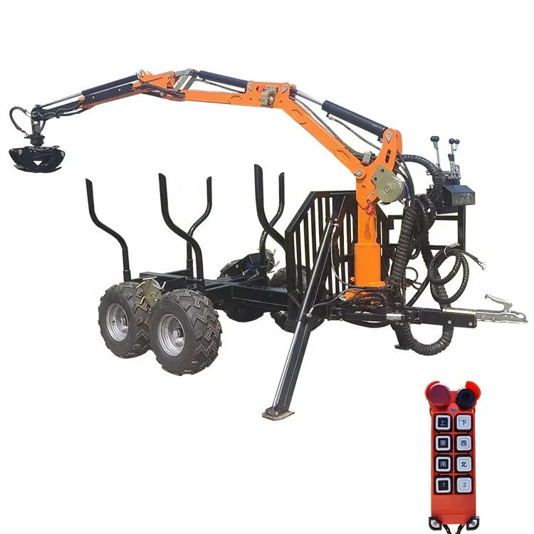 Towable Small Self Loading ATV Timber Log Trailer With Hydraulic Small Crane and Log Grab Grapple