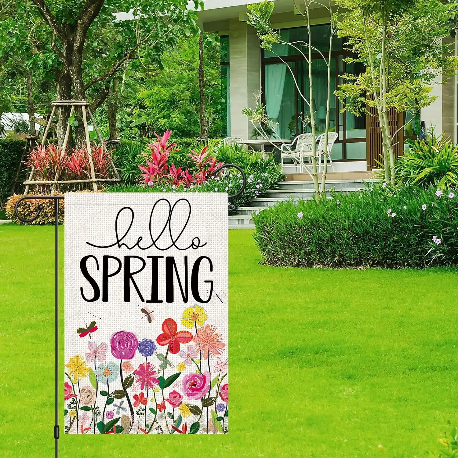 Doncida Hello Spring Garden Flag 12x18 Inch Burlap Double Sided Colorful Flowers Floral Spring Summer Seasonal Yard Flag Far KKZ
