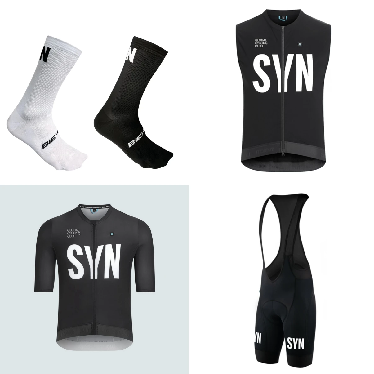 Traje de Ciclismo de Manga Corta para Verano 2026, Negro y Azul, SYN, Conjunto de 4 Piezas con Jersey y Culotte con Tirantes, Práctico y Cómodo