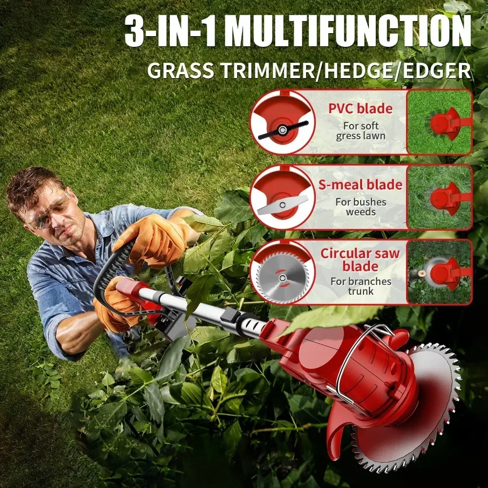 Battery Weed Wacker Cordless Weed Trimmer 21v Lawn Mower Grass Cutter Machine with 3.0ah Li-Ion & 3 Cutting Blade Types