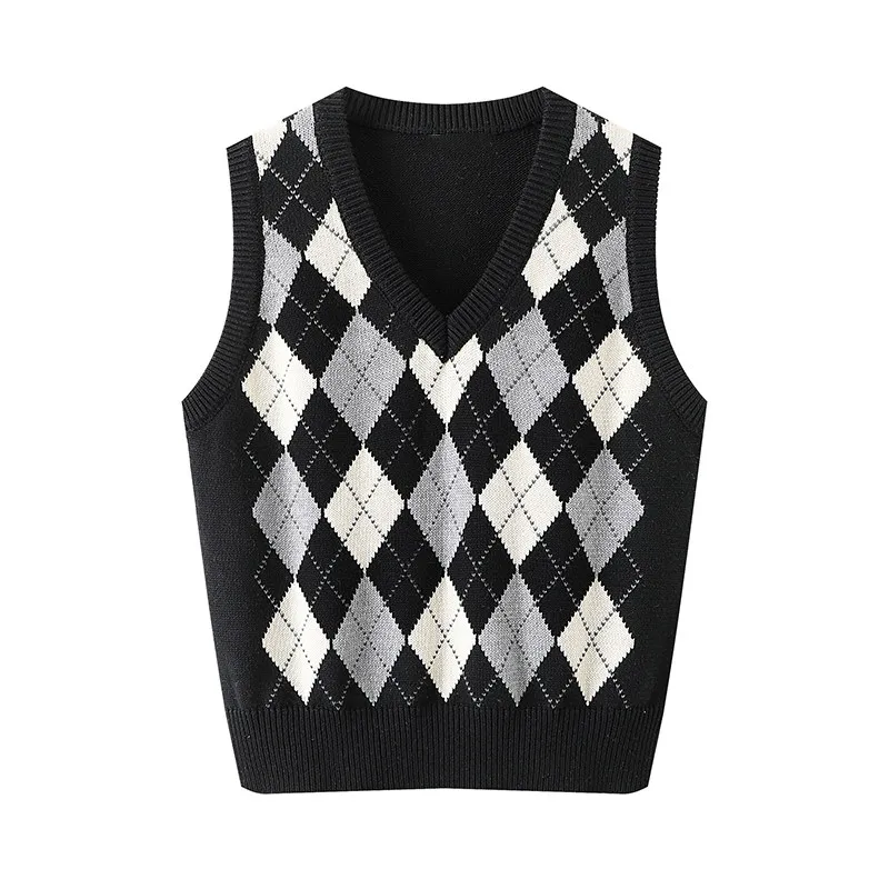 PUWD Women Argyle maglione Vest 2022 Spring Fashion Ladies Slim scollo a V Pullover senza maniche donna Y2K Preppy Style maglione Vest