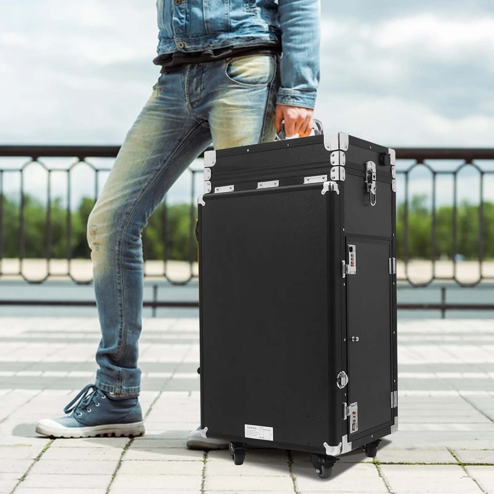 Czarny wózek kosmetyczny z Bluetooth, 2 wbudowanymi głośnikami, wieloma przegródkami do przechowywania, składanym stołem + 4 szuflady, długość 180 cm, zasilany.