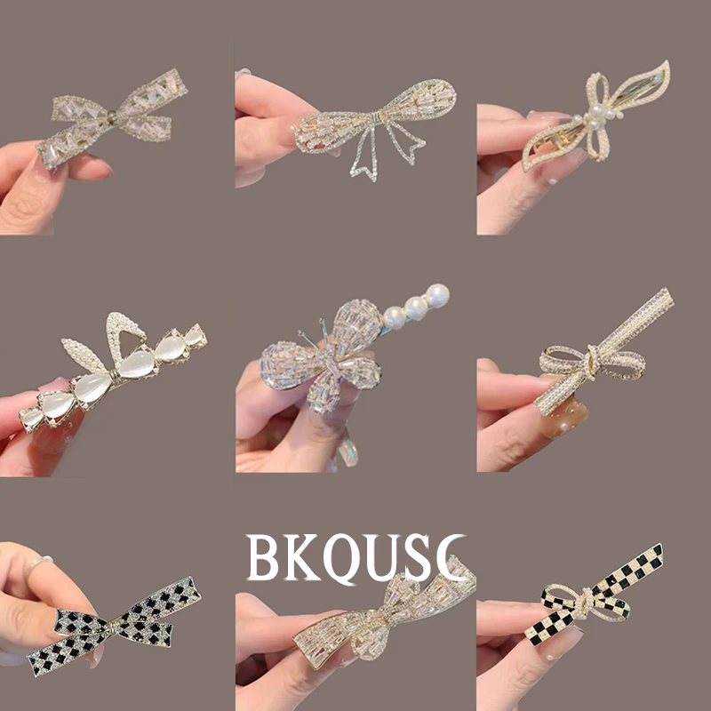 New Fashion Women's Hairpin Pearl Rhinestone Bow Knot Duckbill Clip for Hair Elegant Female Metal Hair Clip Sweet Side Barrettes