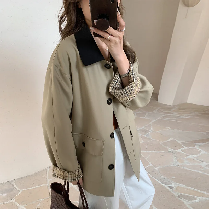 

SuperAen 2026 Autumn New French Style Short Trench Coat for Women Contrasting Color Plaid Long-sleeved Casual Coats