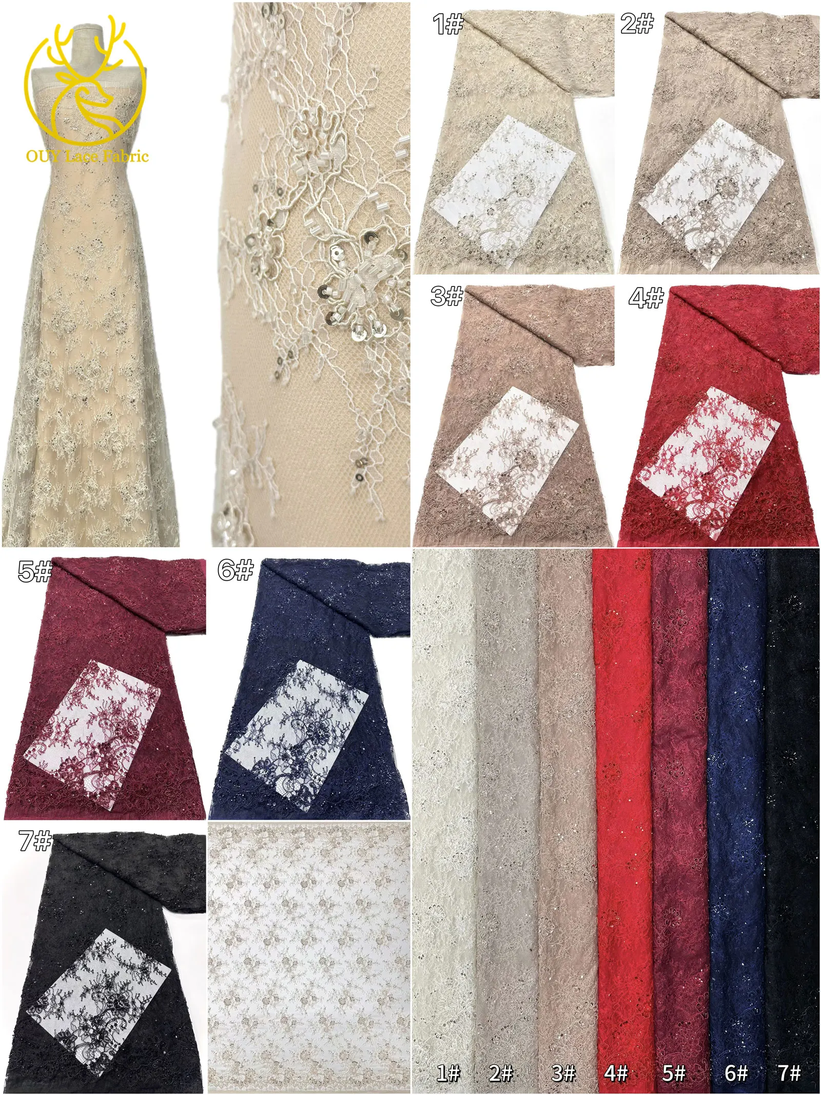 Hochwertiger Afrikanischer Pailletten-Spitzenstoff in Marineblau, Französischer Nigerianischer Perlen-Spitzenstoff, Ideal für Partykleider und Abendkleider – Detail 3