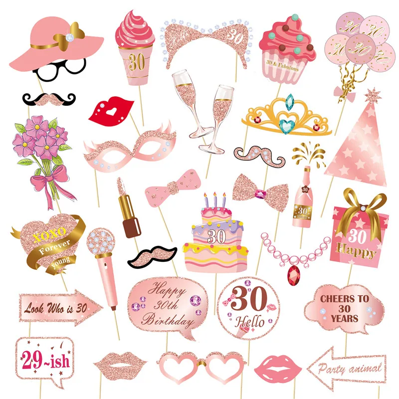 Suministros de decoración de feliz cumpleaños para adultos, accesorios de fotos de mano, oro rosa, negro, 18, 30, 40, 50, 60, 1 Juego