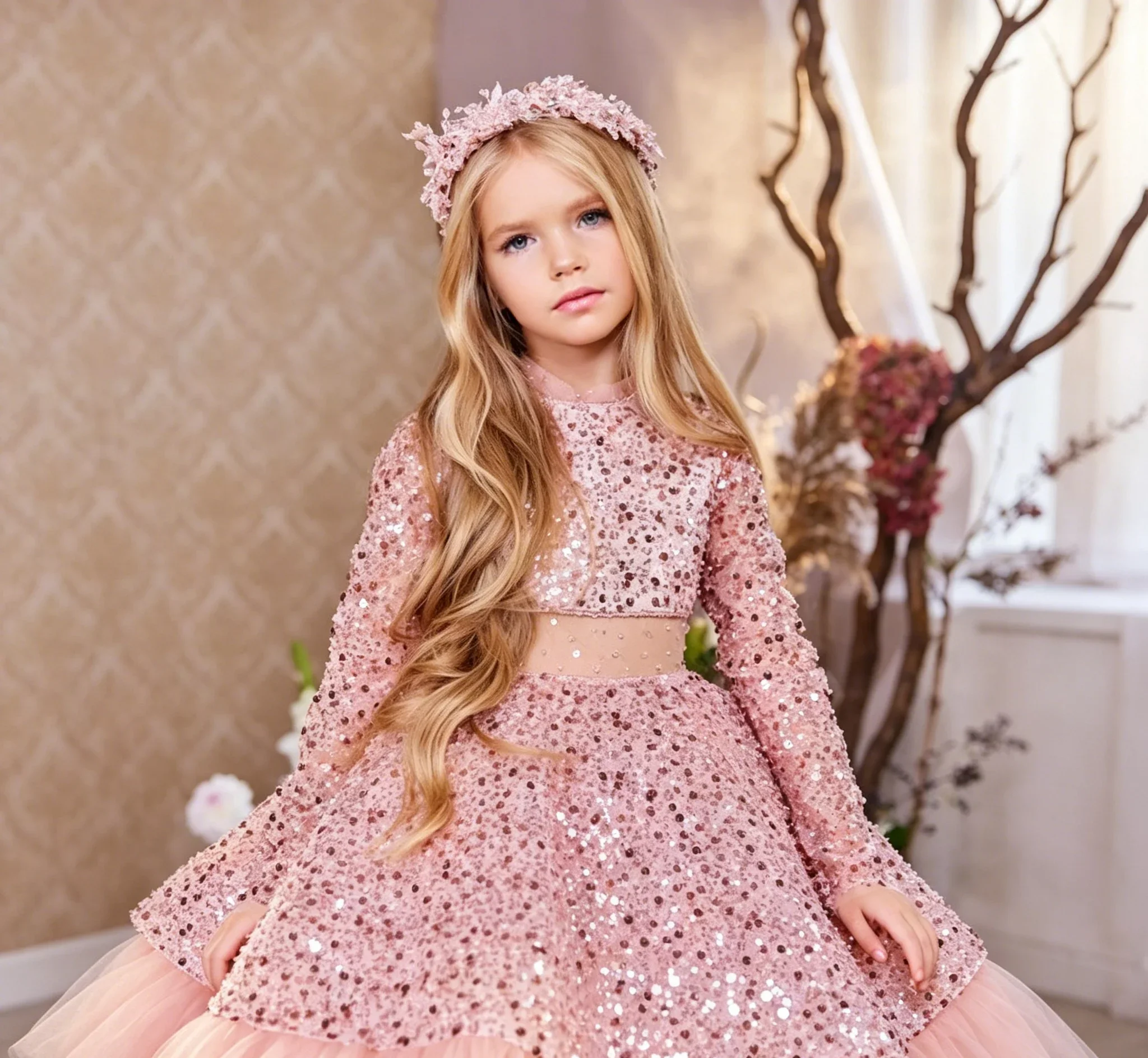 Custom Luxury Dress Flower Girl Wedding Gown Pageant Catwalk Pink L Sleeve Sequin 2Pc Kids Luxe Birthday Party Formal Gownsss