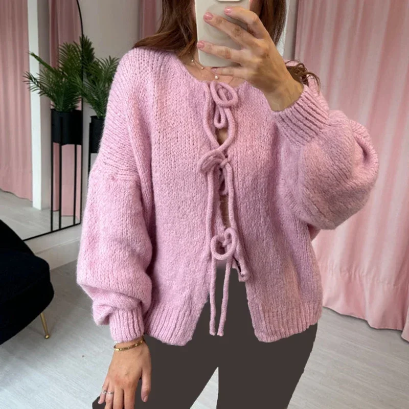 Elegant Ladies Fashion Knitted Sweater Y2K Jumper Vintage Bowknot Tie Front Cardigans Autumn V-Neck Long Sleeve Loose Knitwear