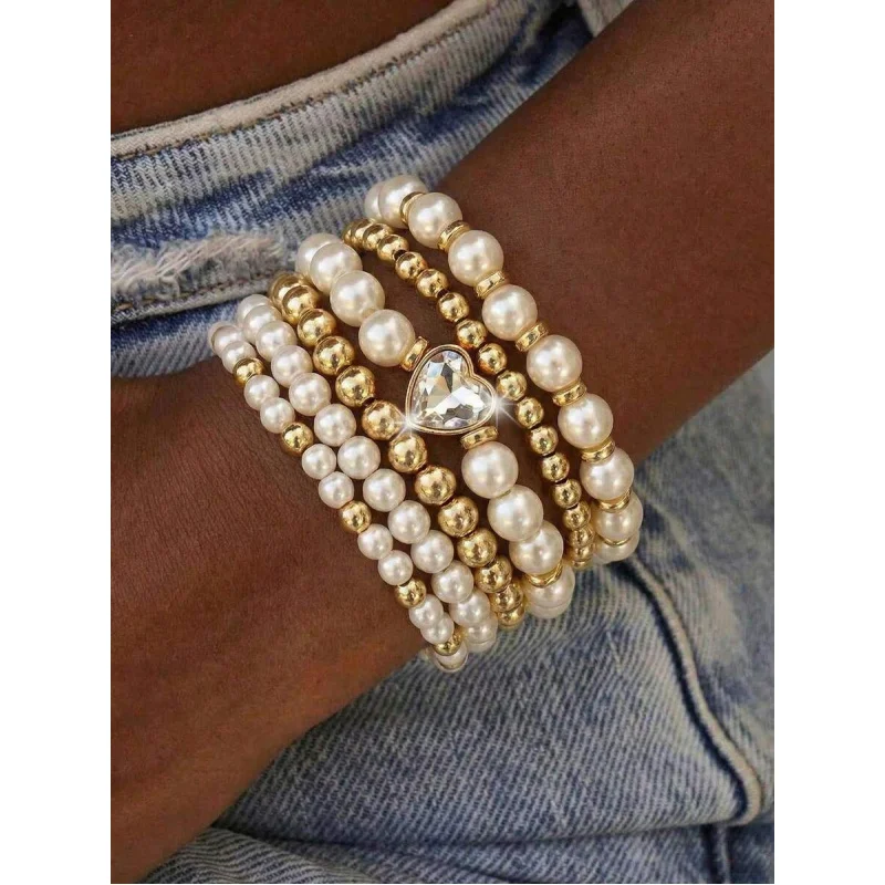 6-teiliges Set, elegantes Schmuckset mit künstlichen Perlen und herzförmigen Perlen, Armband-Schmuckset für Damen, geeignet für den Alltag, Verabredungen, Partys
