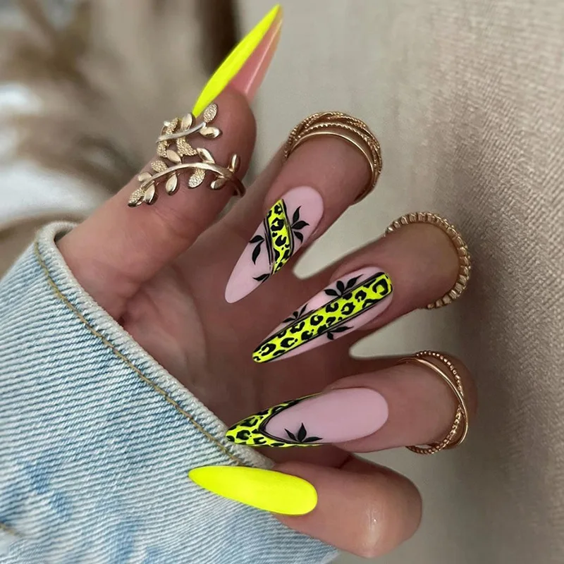 24Pcs Long  stiletto European and American fashion leopard print nail polish frosted shining yellow fake nails