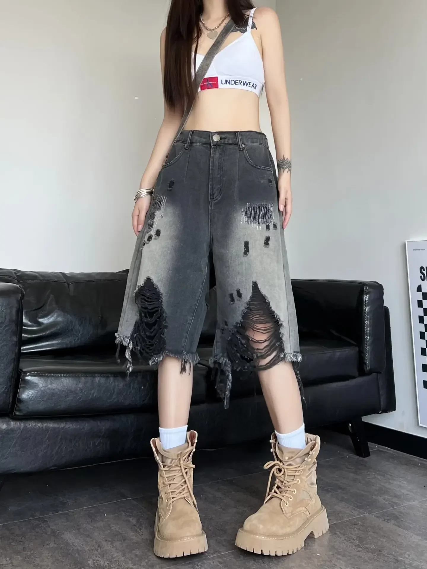 American High Street Washed Gradient Women Ripped Retro Old Size Denim Loose Shorts baggy jeans women
