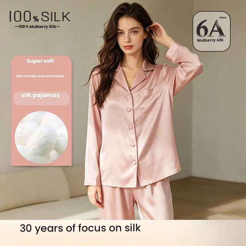 100% Mulberry Silk Pajama Set Women Plus Size Long Sleeve Sleepwear 2 Piece Set Soft Breathable Homewear