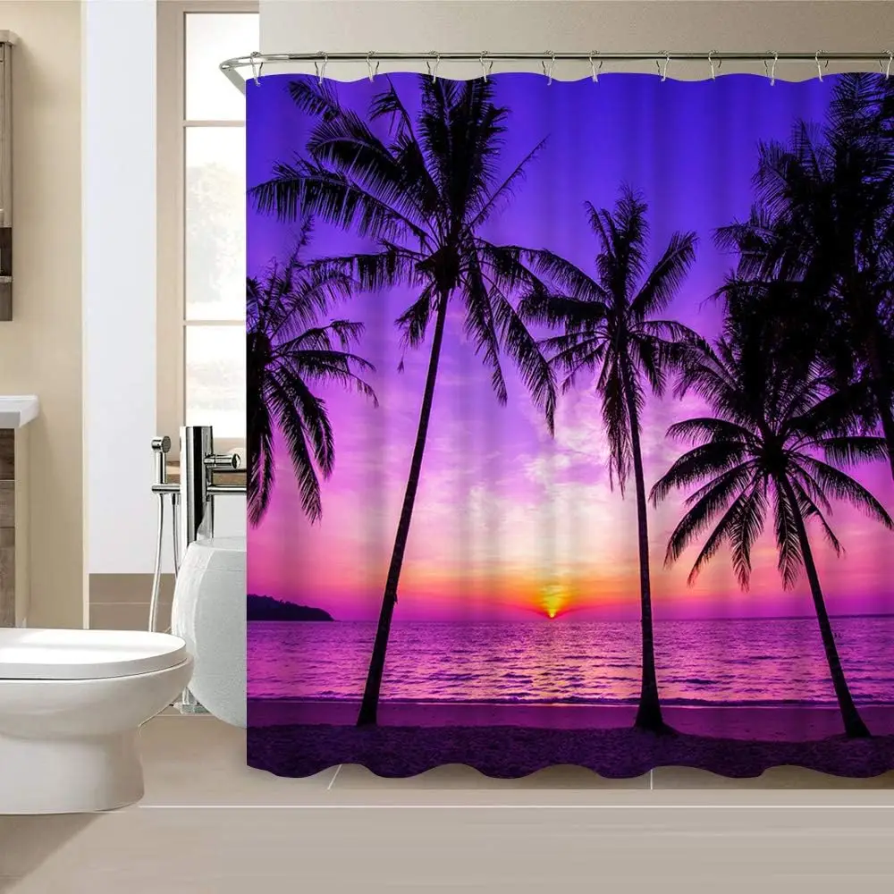 Stylish Tropical Sunset Shower Curtain, Purple Pink Beach with Palm Trees Print Washable Waterproof Fabric Partition Curtain
