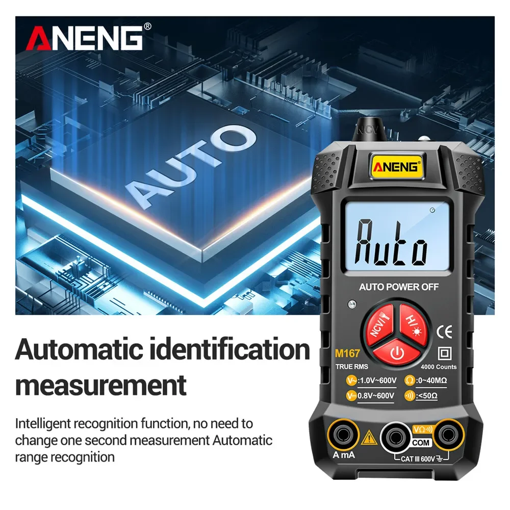 ANENG M167 Digital Mini Multimeter Tester Auto Multimetro True Rms Tranistor Meter with NCV Data Hold 4000counts Flashlight