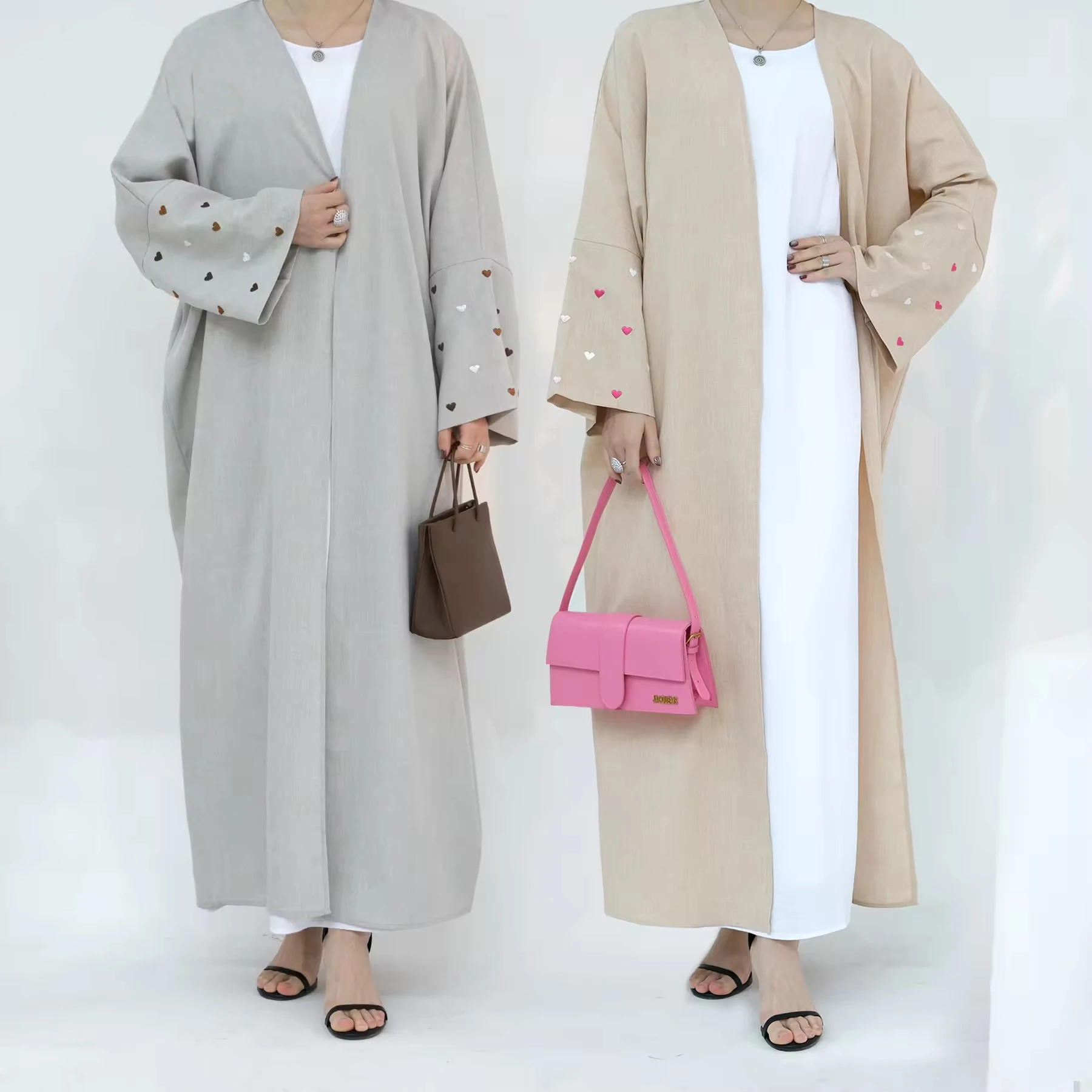 2024 EID Heart Pattern Embroidery Linen Open Abaya Dubai New Fashion Batwing Sleeve Kimono Islamic Clothing Women Muslim Dress