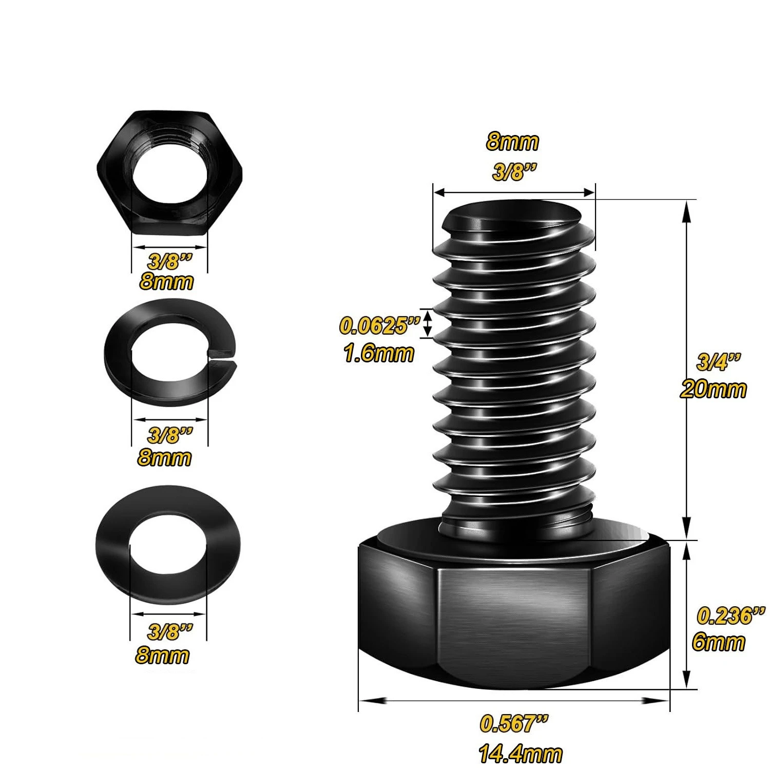 (Set of 5/10) M8 Hexagonal Head Bolts and Nuts with Flat Locking Washers, Alloy Steel, Fully Threaded Kit, Various Sizes 20-70mm