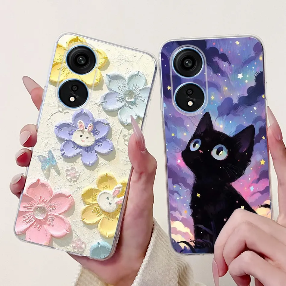 For Oppo Reno8 T Phone Case Reno 8T 5G 4G CPH2481 CPH2505 Elegant Floral Cat Soft Silicone Transparent TPU Lightweight Cases