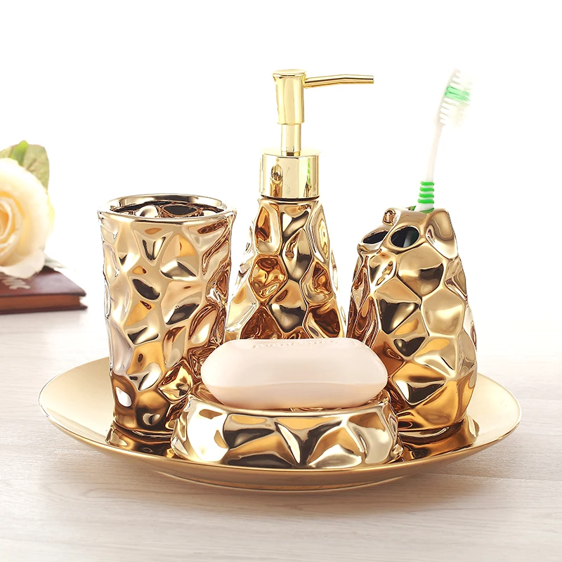 Gold Plated Ceramic Bathroom 4 Piece Set Storage Tray Emulsion Bottle Mouthwash Cup Soap Dish Toothbrush Holder Home Toiletries