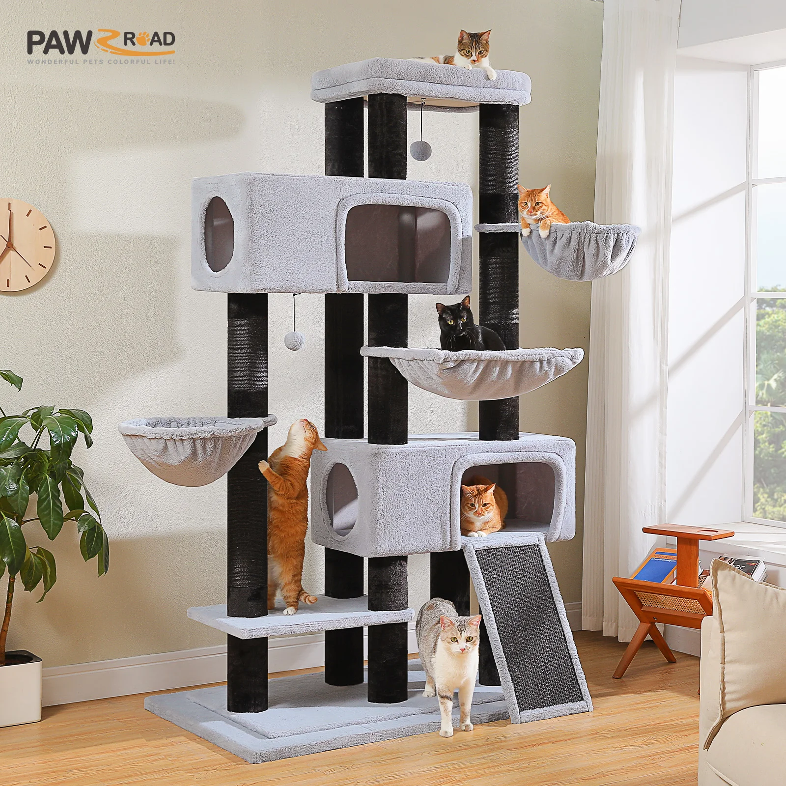 Arbre à chat multi-niveaux avec deux condos spacieux pour chats, poteaux à gratter en sisal épais, hamac super grand, tour à chat de luxe pour l'intérieur