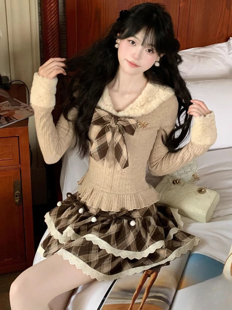 French Elegant Preppy Style 2 Piece Set Women Sweet Bow Knitted Tops + Plaid Mini Skirt Japanese Kawaii Y2k Lolita Lovely Outfit