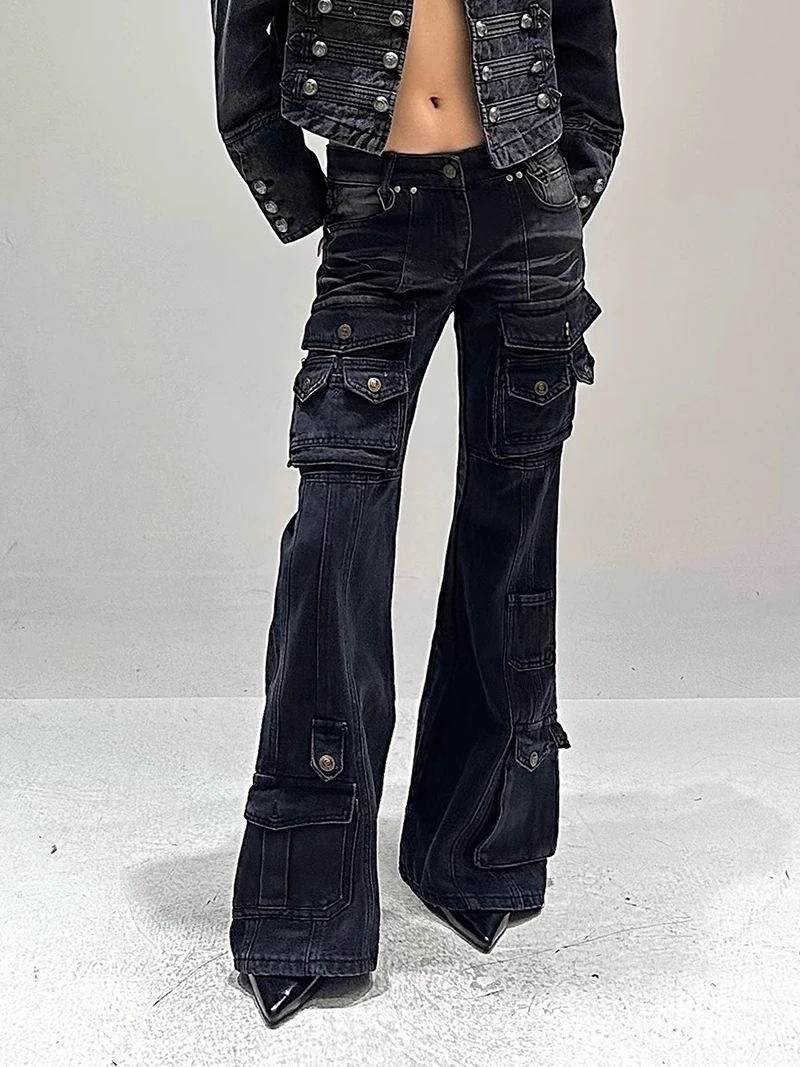 REDDACHiC Cyber Y2k noir Flare jean rue Vintage lavage multi-poches extensible taille basse Cargo pantalon Grunge femmes cloche bas