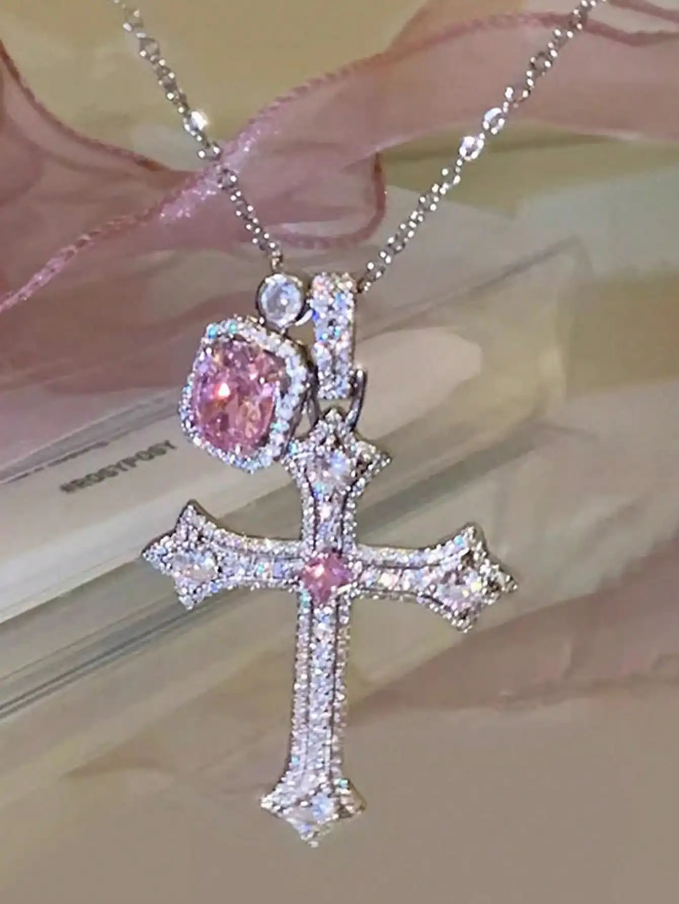 

Pink Rhinestone Cross Pendant Necklace for Women, Silver Tone Fashion Jewelry for Daily Wear, Parties & Gifts