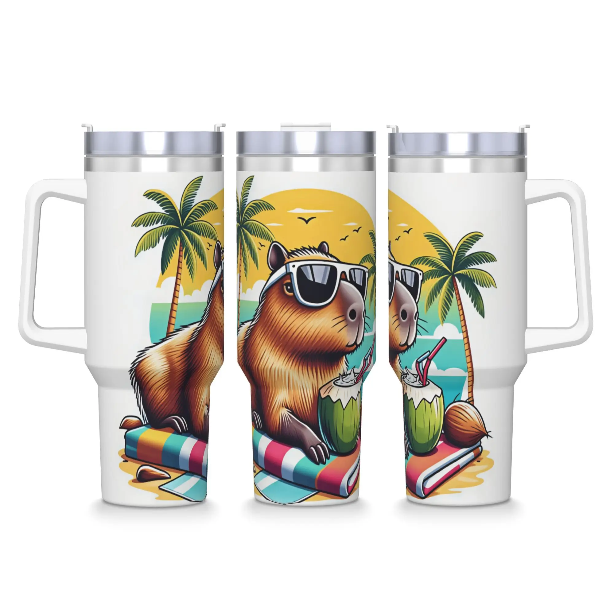 Stainless Steel Tumbler Summer Beach Capybara Sunglasses Coconut Drink Palm Tree Sunset Cartoon Car Mugs Drinks Water Bottle