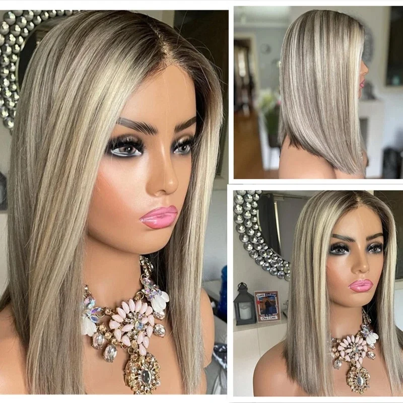 Wig Rambut Sintetis Lurus Alami dengan Lace Frontal untuk Wanita, Tebal, Warna Pirang Platinum Abu Muda, Pirang, Serat untuk Penggunaan Sehari-hari, Pesta, dan Cosplay