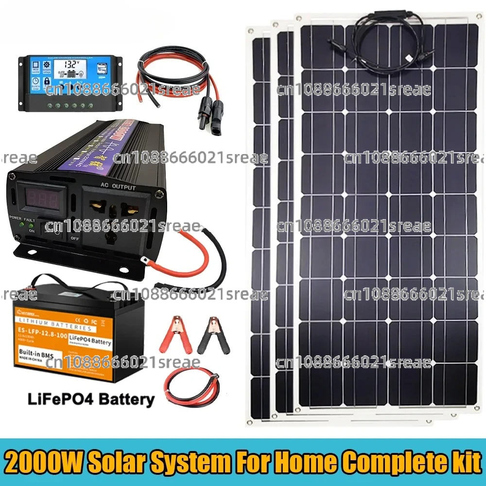 

2000w solar system for home complete kit 200w flexible solar panels 12v 24v high efficiency battery charger module