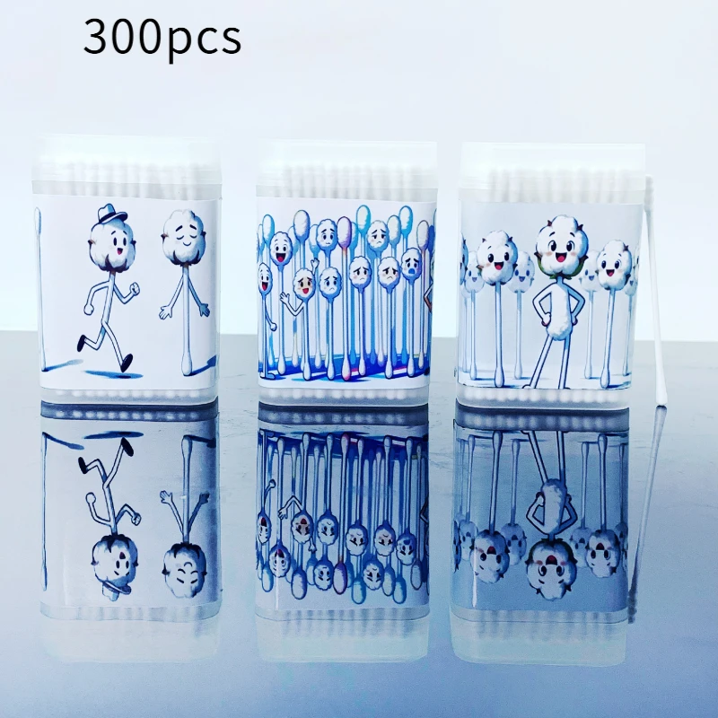 300Pcs Emoticon Cloud-Shaped Double-Headed Thin Stick Spiral Round Cotton Swabs Creative White Element Cotton Swabs