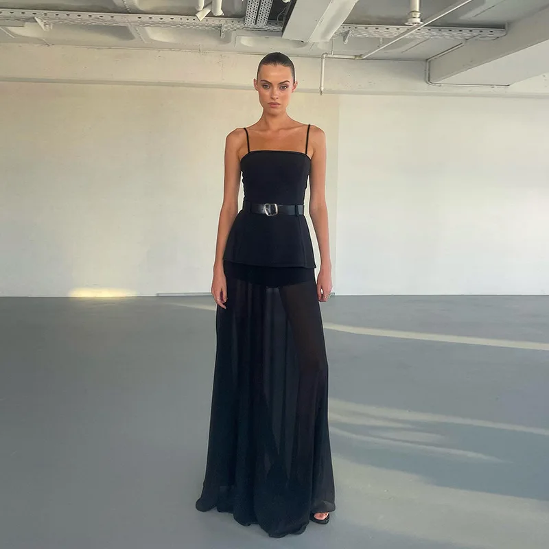 YJ25287DGO جديد طويل مثير أنيق ركاب نمط شبكة المرقعة فستان بحزام