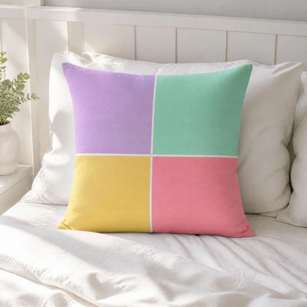 Soft Four Color Patchwork Cushion,Pastel Contrast Tone Color Block Minimalist Living Room Indoor Decor Pillow