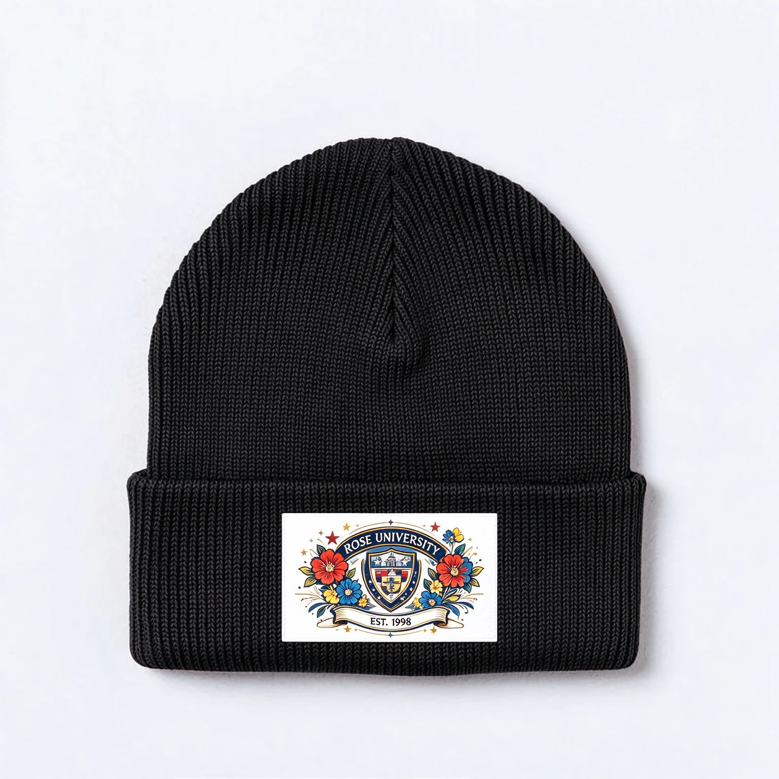 Custom Name Rose University Floral Crest Beanie Hat, Unisex Cuffed Knitted Skull Cap, EST.1998 Vintage Floral Emblem Winter Warm