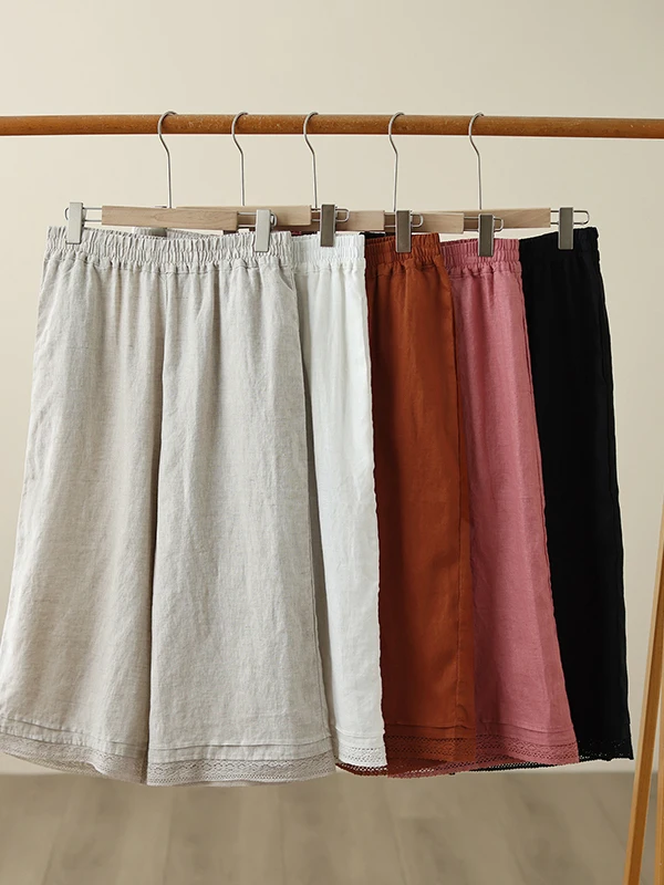 

Retro Lace Trim Pure Color Cotton Linen Wide Leg Pants Loose Waist Casual Straight Seven Length Summer Trousers for plus Size...