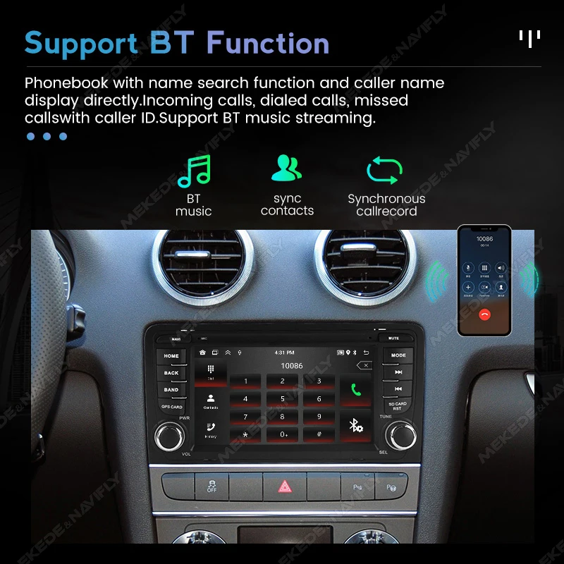 NaviFly 7'' 2DIN Multimedia Player Android Auto For Audi A3 8P S3 2003-2010 RS3 Android 15 BT Car Radio GPS Navigation Stereo