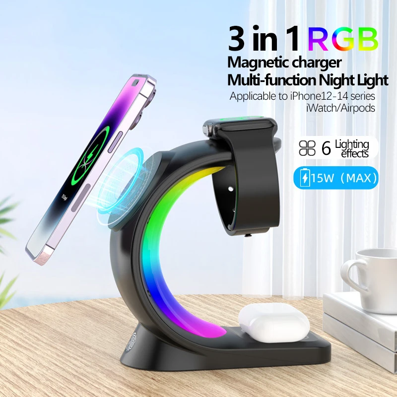 3 in 1 RGB Light Wireless Charger Stand For iPhone 12-14 Series/iWatch/Airpods 15W Fast Charging Multifunctional Night Light