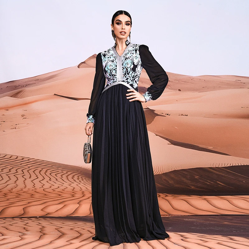 2024 Nieuwe Moslim Jurk Zwart Abaya Dubai Luxe Elegante Dames V-Hals Lovertjes Cocktail Prom Avond Feest Lange Maxi Jurken