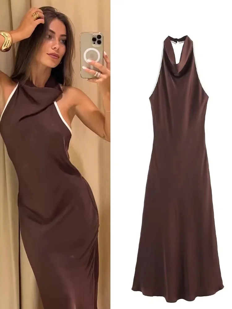 فستان نسائي أنيق من HH بياقة معلقة وياقة على شكل زر فستان بني صيفي أنيق مثير بدون ظهر بدون أكمام للحفلات فساتين طويلة #1