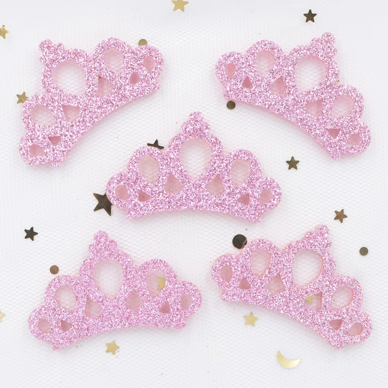 20Pcs 46mm Glitter Powders Fabric Felt Padded Appliques Pink Crown Patches for Crafts Garments Decor DIY Hair Bow Ornament