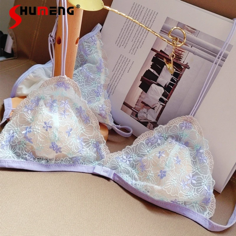 여성용 초박형 삼각형 컵 속옷 세트 프렌치 섹시 순수 욕망 레이스 브리프 세트 여성 백리스 브라 세트