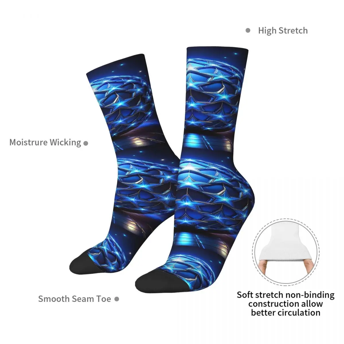 Elongated Blue Chrome Ball With Blue Stars Socks Harajuku Super Soft Stockings All Season Long Socks for Unisex Christmas Gifts