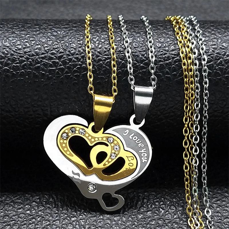 2Pcs I Love You Heart Pendant Necklace for Women Men Stainless Steel Couple Chain Jewelry Valentine's Day Gift for Lover NS01