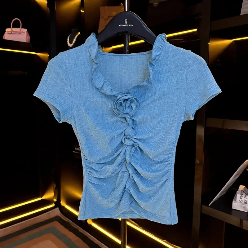 

2024 Summer New Fashion Hotsweet Women's Solid Color V-Neck Spliced Ruched Tie Flowers Ruffles Slim Short Sleeve T-shirts Tops