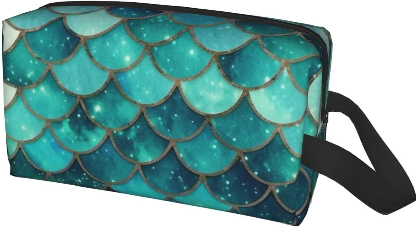 Travel Toiletry Bag for Women Men Leather Makeup Bag Large Portable Travel Organizer Mermaid fish scale print Cosmetic Ba