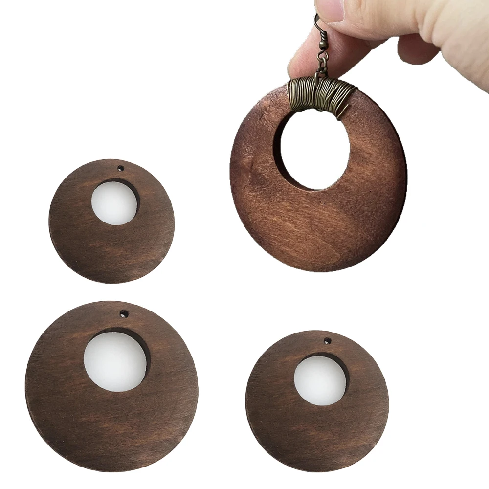 10 Pieces Hollow Round Pendants with Holes Solid Wood Rings for DIY Earrings Pendants Handmade Jewelry Components